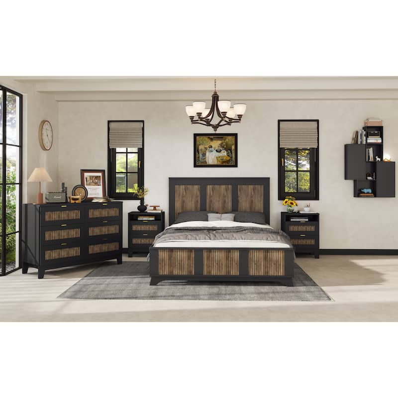 4 Piece Bedroom Set, Queen Size Platform Bed with Storage Nightstand and Dresser
