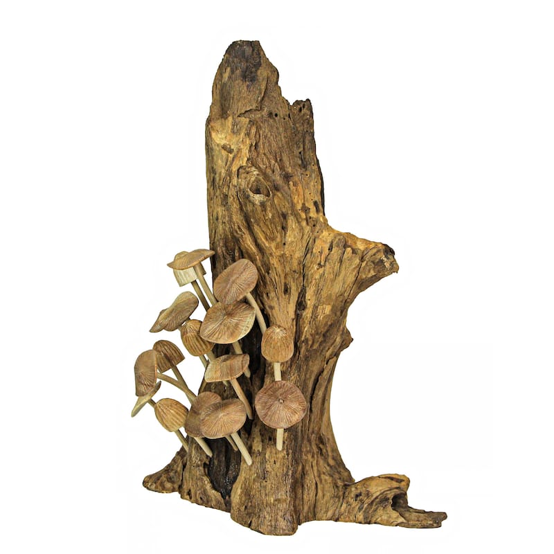 20 Inch Carved Wood Mushroom Sculptures On Base Statue - 20 X 8 X 6 inches