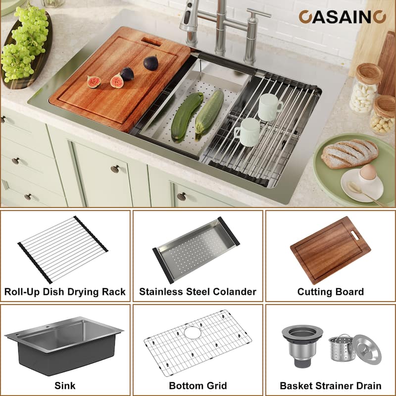 33 in. Drop-in Single Bowl Brushed Stainless Steel Workstation Kitchen Sink with Accessories, cUPC Certified