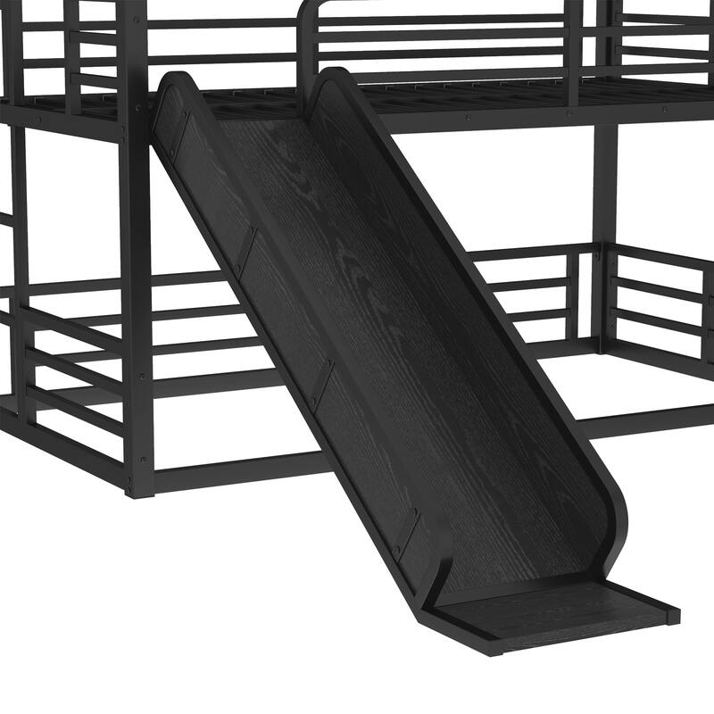 Twin/Twin/Full Triple Bunk Bed with Slide - Metal Frame, Safety Guardrails, Noise-Reduced (Black)