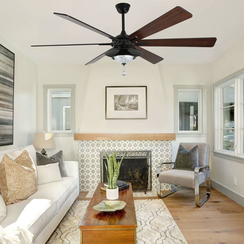 CurveCurio 72" Antique Lagre Ceiling Fan, Wood Blades and LED Lights Kit w Crystal Shade, Quiet DC Motor 6 Speed w Remote