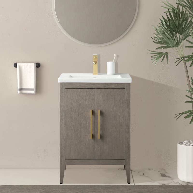 Vanity Art 20" or 24" or 30" Single Sink Bathroom Vanity Cabinet with Ceramic Top - 24"/Golden Brushed - Driftwood Gray