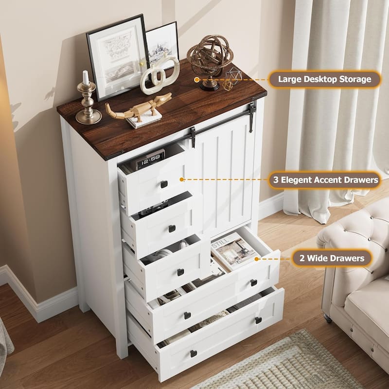 5 Drawer Dresser, Farmhouse Chest of Drawer with Sliding Barn Door