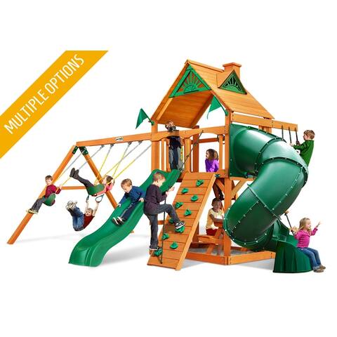 Gorilla Playsets Mountaineer Wooden Swing Set with Tube Slide, Rock Wall, and Sandbox Area