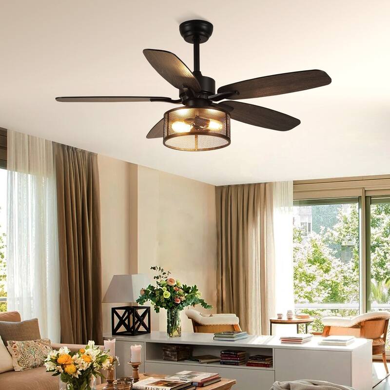 56 Inch Ceiling Fan with Caged Light and Plywood Blades for Farmhouse Living Room Bedroom