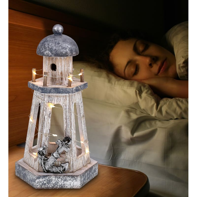 CoTa Global Silver Sea Nautical Wooden Lantern Lighthouse w/ LED Light - 8.8″Lx4.8″Wx4.3″H
