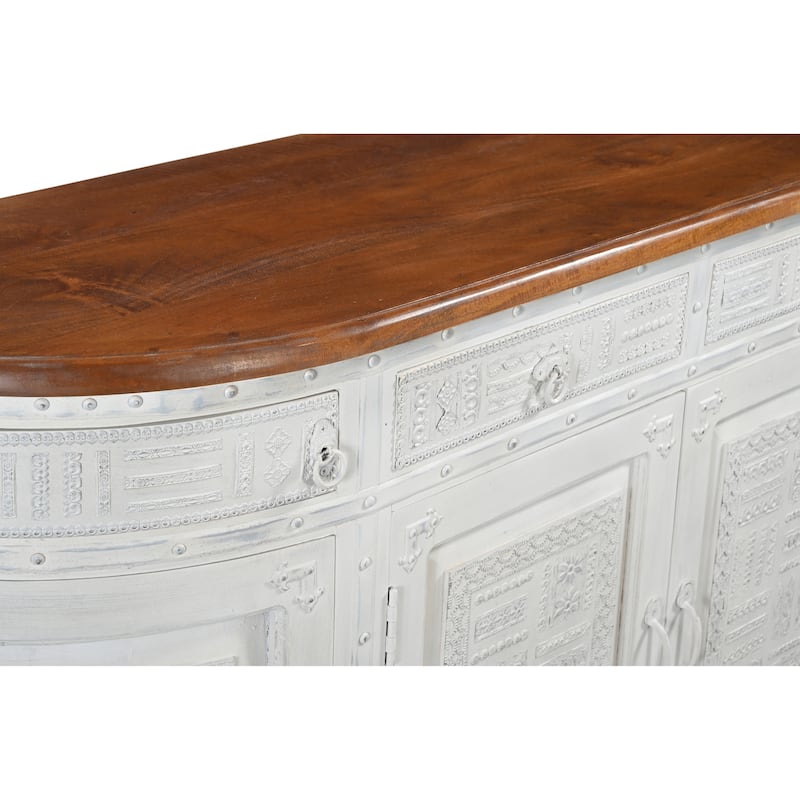 HomeRoots 69" White And Brown Solid Wood Carved Geometric Four Drawer Four Door Sideboard - 69.00 in. x 36.00 in. x 18.00 in.