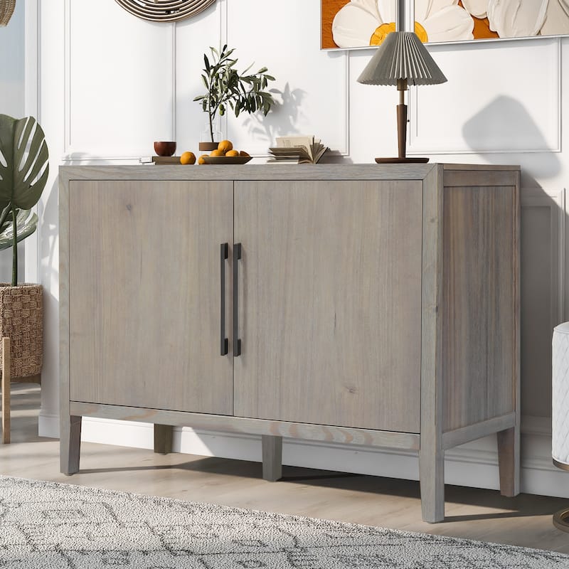 47.25"Sideboard with Pine Veneer and 2 Doors, Retro Buffet with Adjustable Feet, Wooden Storage Cabinet with Metal Handles