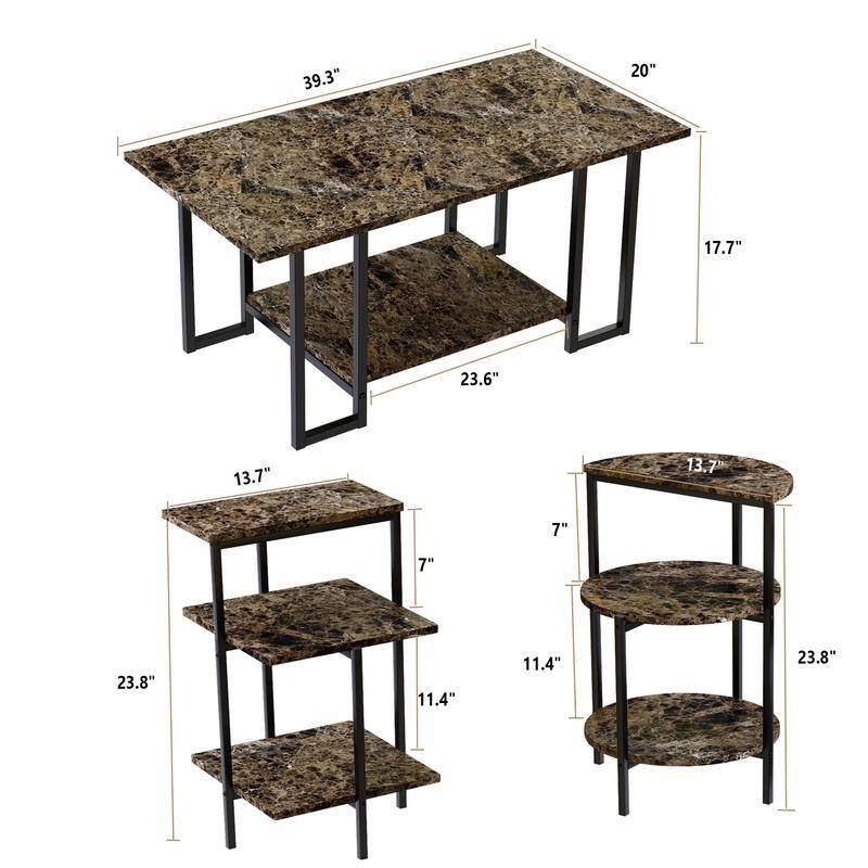 3 Pieces Faux Marble Coffee Table Set with 1 Coffee Table and 2 End Tables, Modern Sofa Side Table with Shelf, Cocktail Table