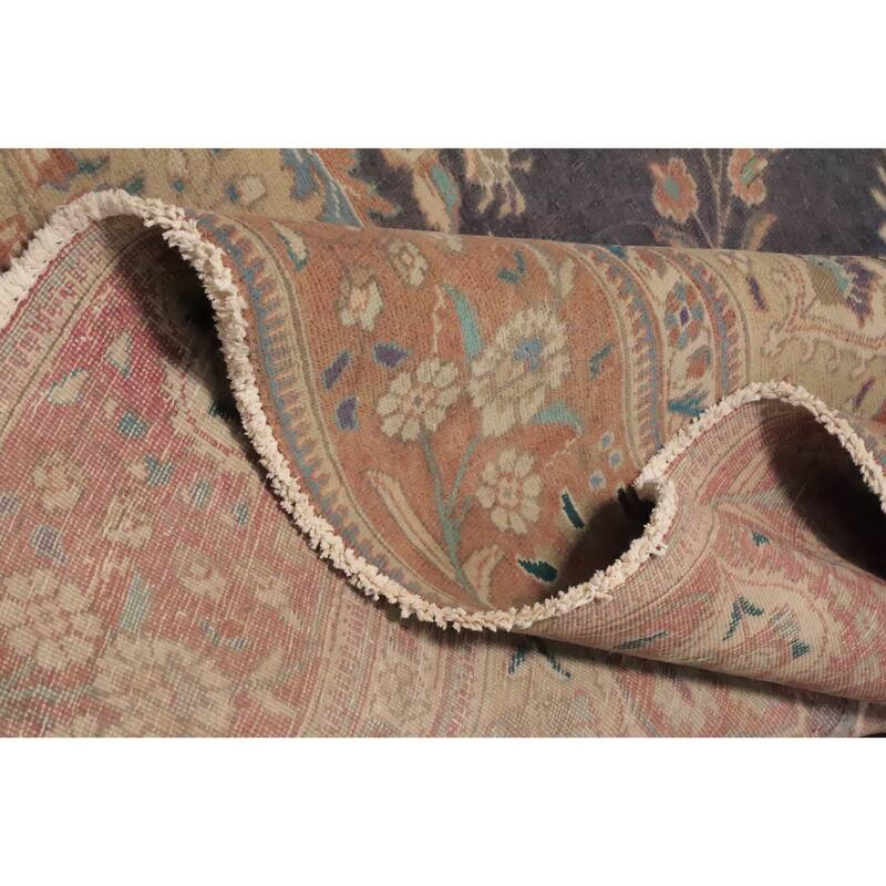 Hand Knotted Oriental 100% Wool Carpet Traditional Floral Navy Blue & Blues Tabriz Area Rug - 12' 1'' X 9' 4''