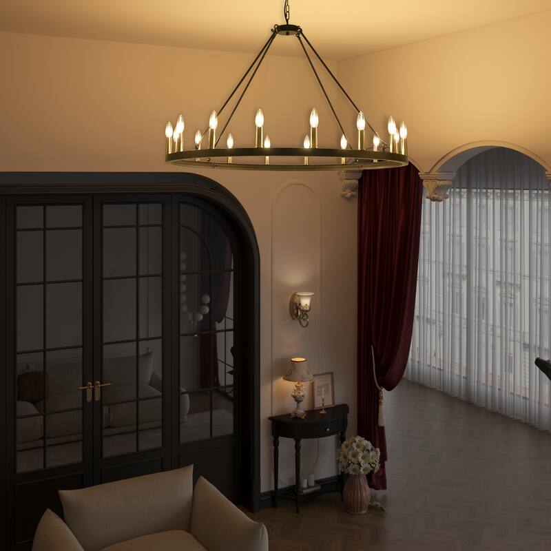 16-Light Black Wagon Wheel Chandelier Farmhouse Chandelier Diam 43-inch Large Round Pendant Light Fixture