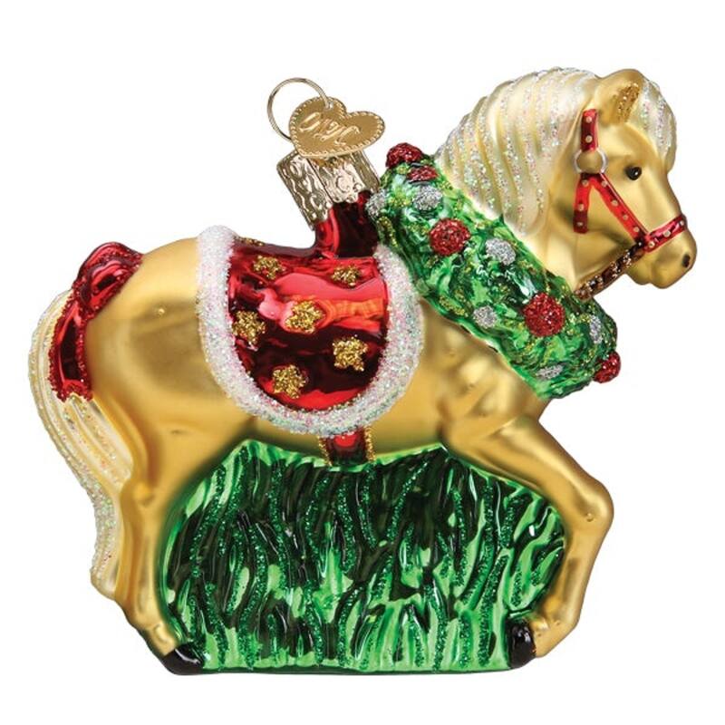 Horse with Wreath Christmas Holiday Ornament Blown Glass - Multi
