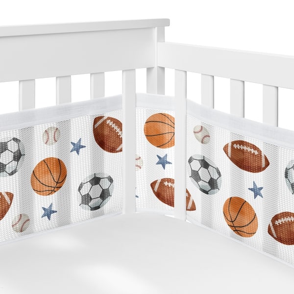 slide 2 of 6, Sweet Jojo Designs + BreathableBaby Breathable Mesh Crib Liner Sports Themed Boy Watercolor Vintage Balls Stars - Multicolor