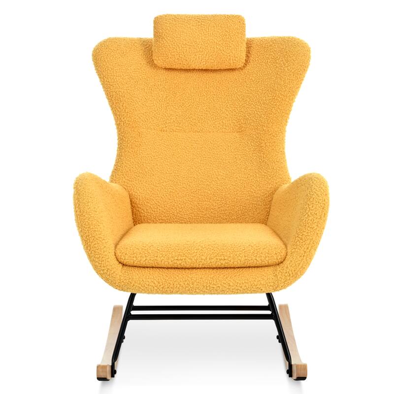 Polyester Glider Chair with Adjustable Headrest and Storage Pocket, Rubber Wood Base