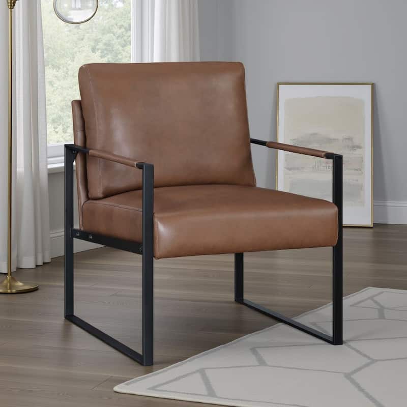 Mackie Accent Armchair, Dark Brown Faux Leather, Black Metal Frame