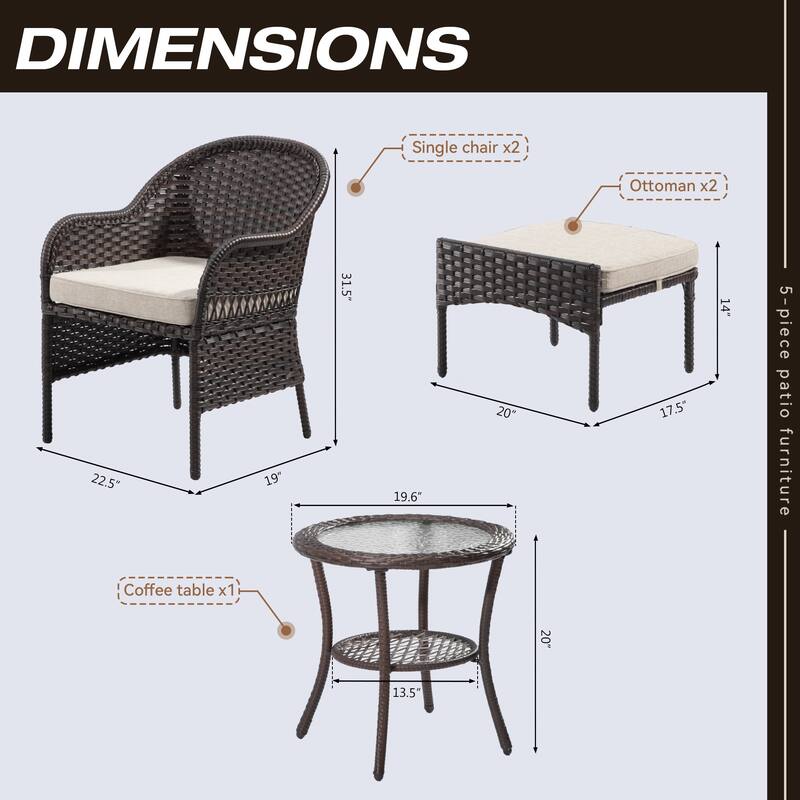 Cozywor 5-Piece Wicker Outdoor Patio Conversation Lounge Chair Set