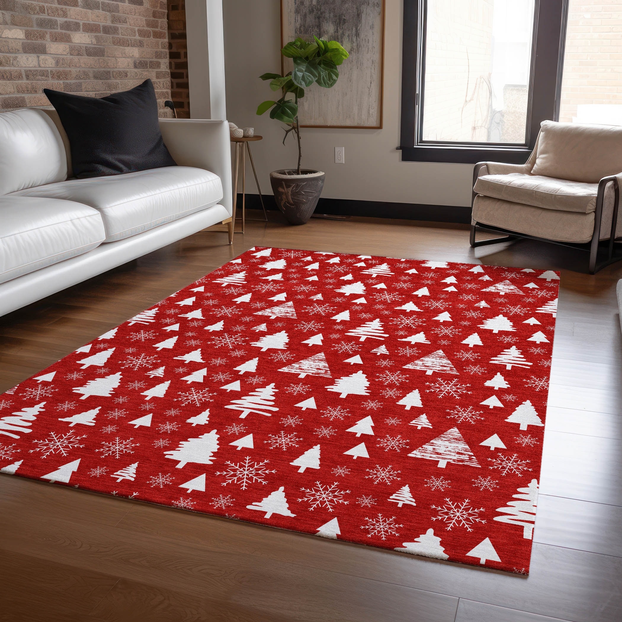 Machine Washable Indoor/ Outdoor Christmas Tree Snowflake Chantille Rug