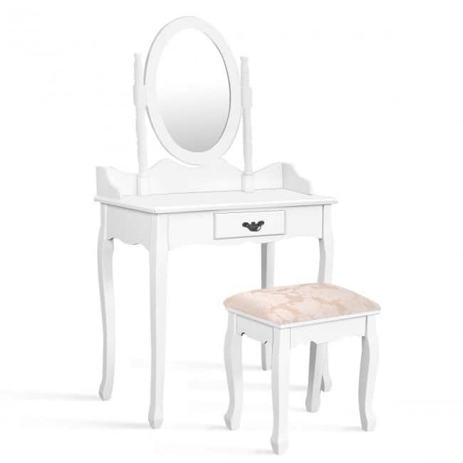Wooden Vanity Makeup Set with Cushioned Stool and Oval Rotating Mirror - 29.5" x 16" x 53" (L x W x H)