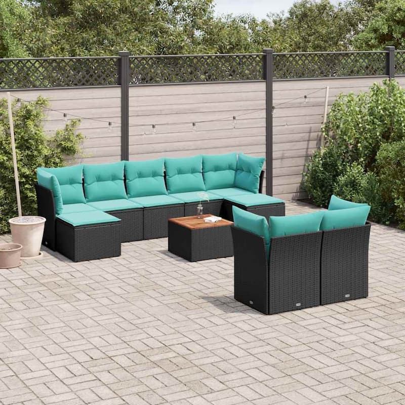 vidaXL 10 Piece Patio Sofa Set with Cushions Black Poly Rattan - 24.4 x 24.4 x 27.2