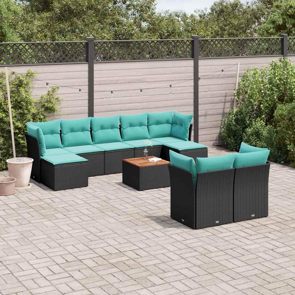 vidaXL 10 Piece Patio Sofa Set with Cushions Black Poly Rattan - 24.4 x 24.4 x 27.2