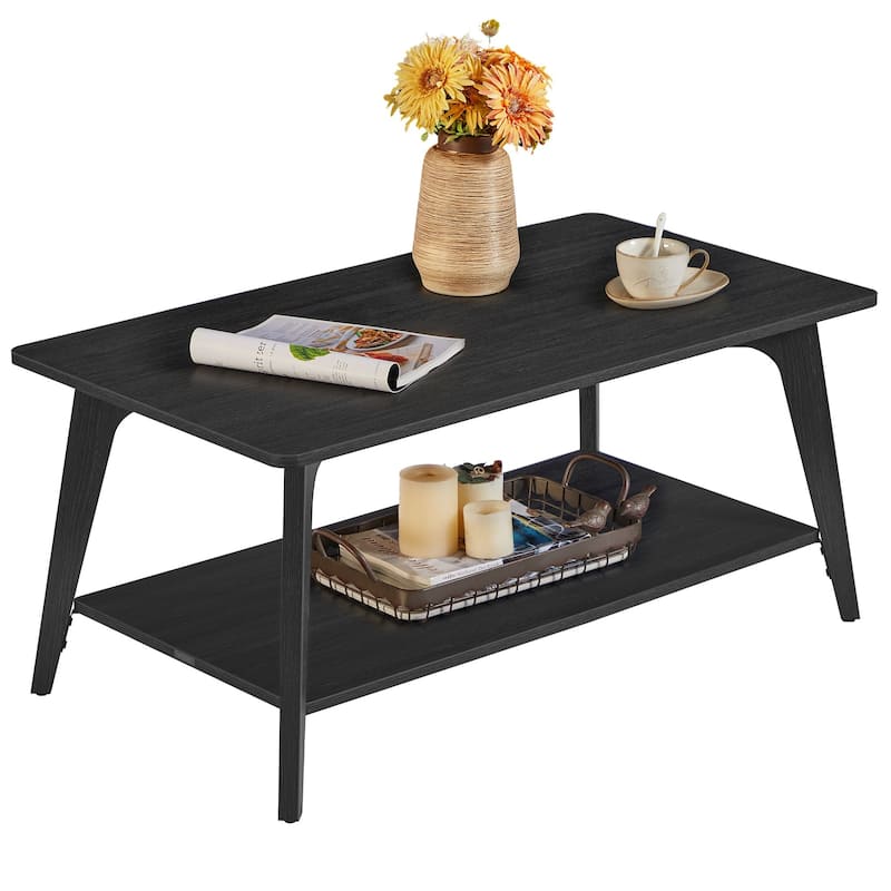 Wooden 2 Tier Coffee Table with Storage Shelf and Rounded Corners - 21.7"D x 39.4"W x 17.7"H