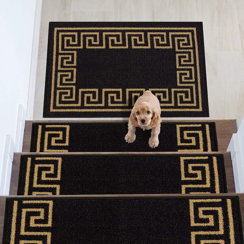 Stair Treads Greek Key Meander Design Non Slip Backing, 8.5''X26'' - Set of 13 - Black Gold