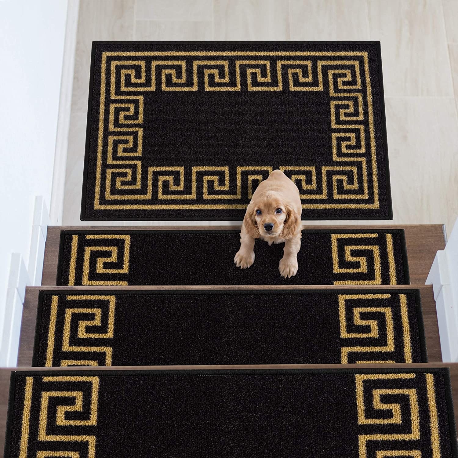 Stair Treads Greek Key Meander Design Non Slip Backing, 8.5''X26''