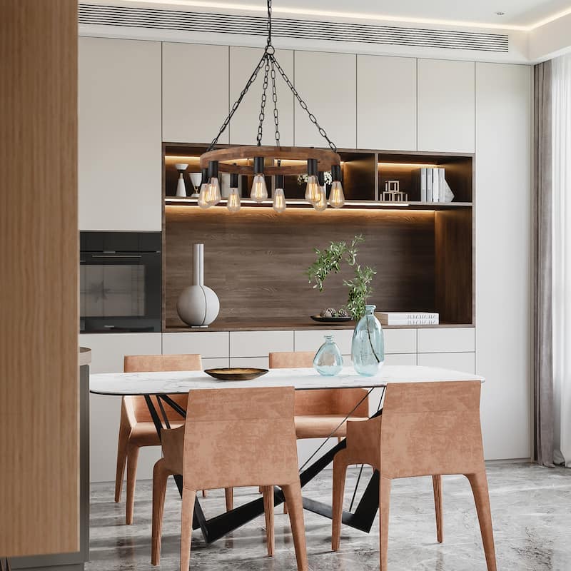 Anmytek Modern Farmhouse 8-Light Wagon Wheel Wood Chandelier Round Pendant Lights for Dining Room - 23.5" D x 24" H