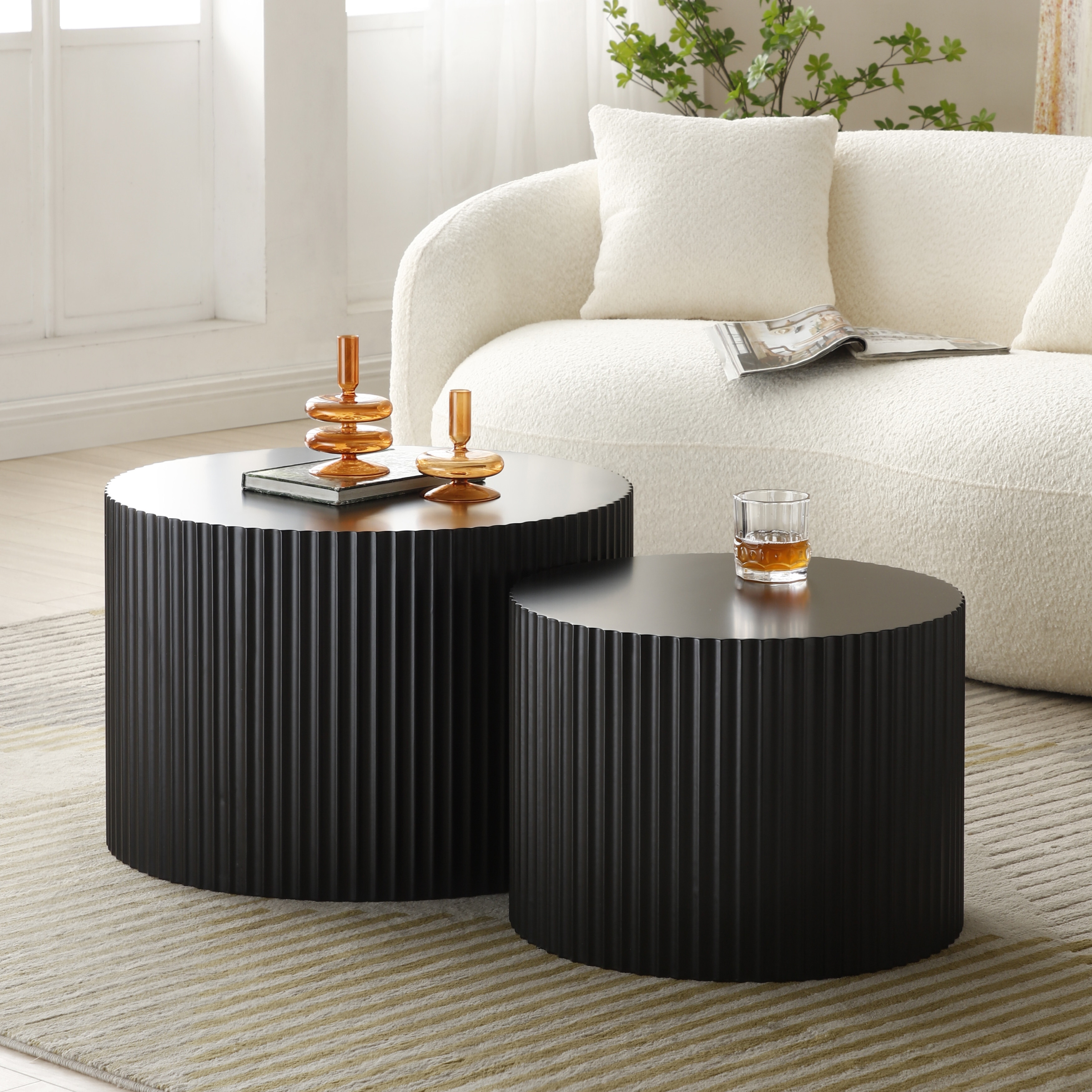 Modern Glam Relief Carving Round Accent Nesting Side Fluted Coffee