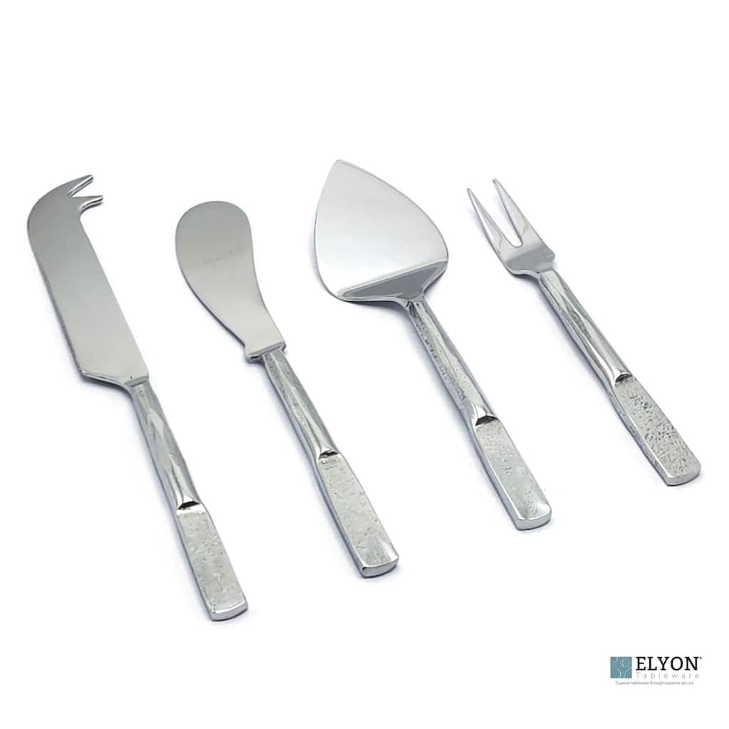 Elyon Carbery Reflective Silver 4 Piece Cheese Knife Set Indian Artisan-Made Set Hand-Forged Stainless Steel
