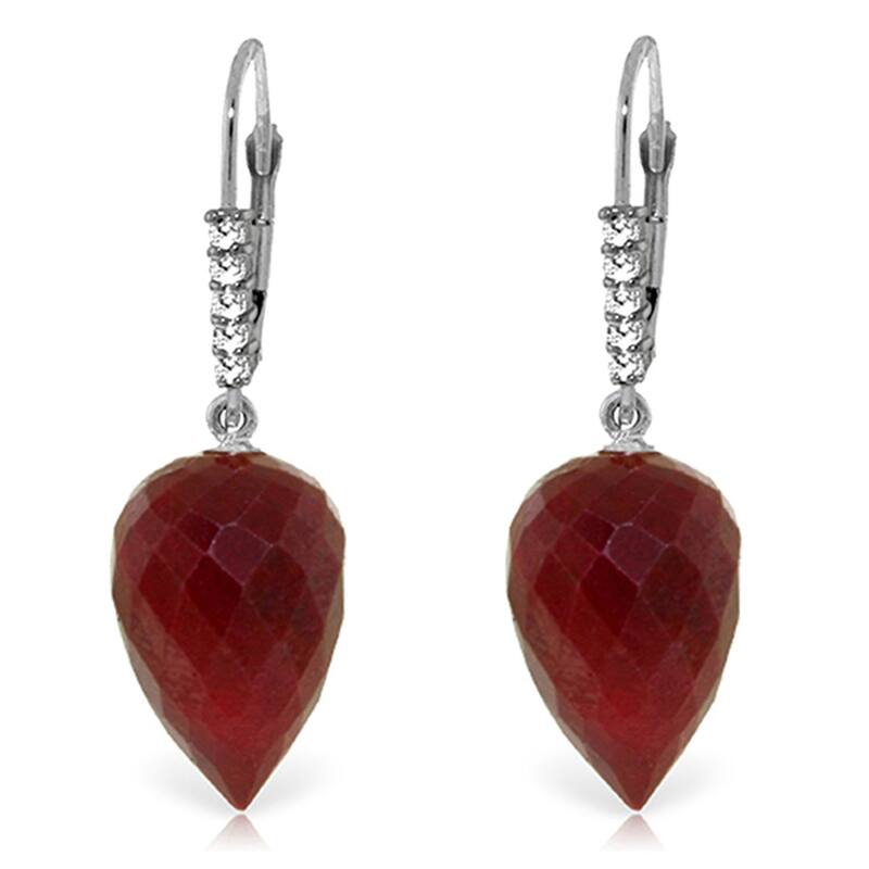 26.25 Carat 14K Solid Gold Drop Briolette Ruby Diamond Earrings - White