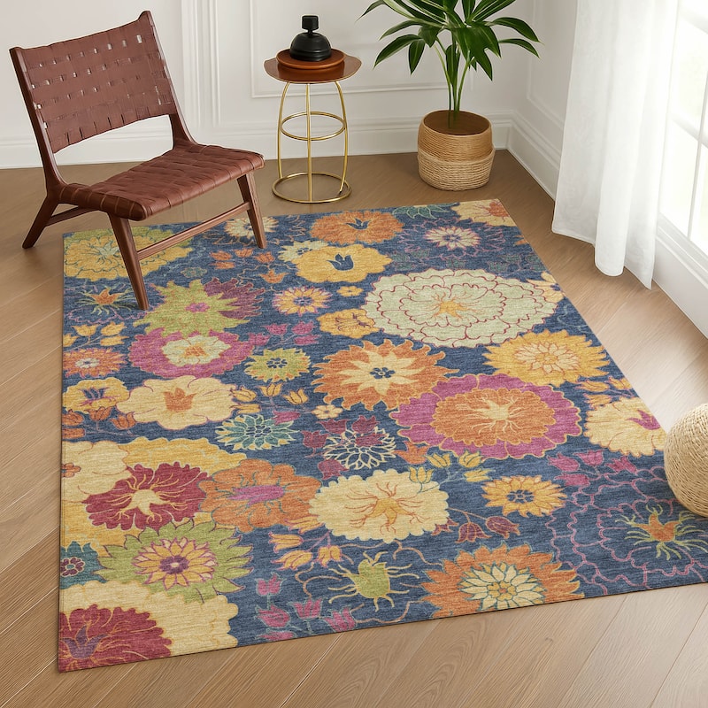 Machine Washable Indoor/ Outdoor Modern Floral Chantille Rug