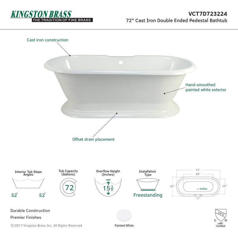 Kingston Brass Aqua Eden 72-1/16" Free Standing Cast Iron Soaker