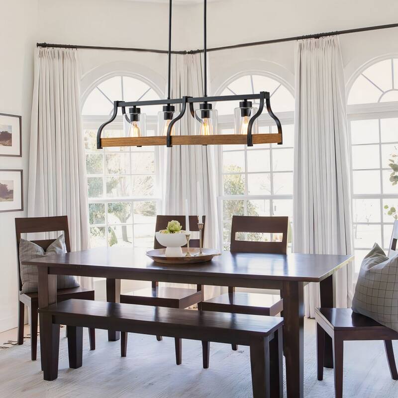 Starsky 4-Light Modern Farmhouse Black Chandelier Wooden Linear Kitchen Island Light