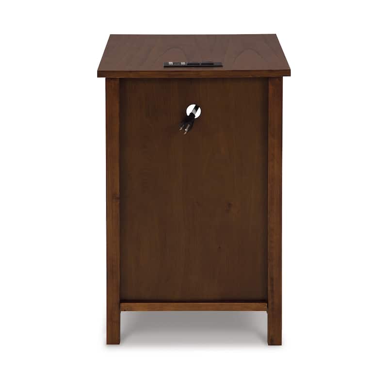 Gena Side End Table, Shelf and Pull Out Tray, Brown Solid Wood 24 Inch