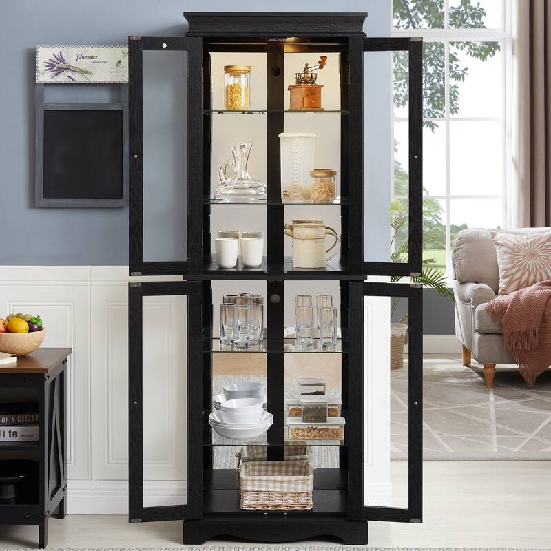 GDF Studio - Tall Lighted Curio Cabinet with Six-Tier Display and Wood Frame.