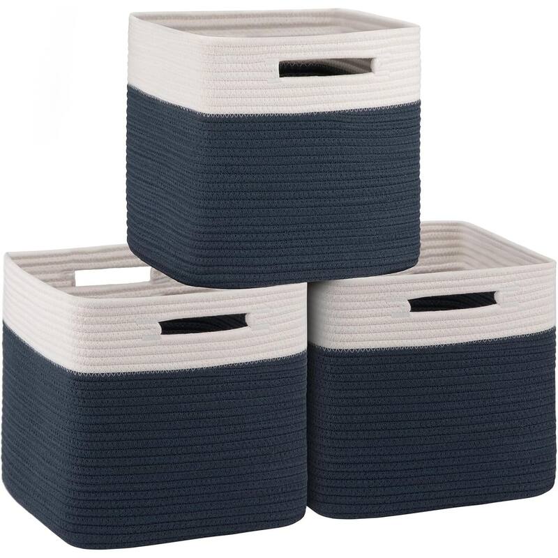 Storage Cubes 11 Inch Storage Bins-3-Pack, Cotton Rope Woven Baskets - 11"L x 11"W x 11"H - White & Blue