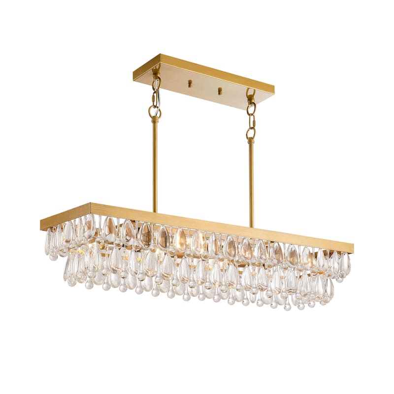 Viviana Brushed Brass 6-light Crystal Teardrop Rectangle Chandelier - 30"L x 8.7"W x 6"H