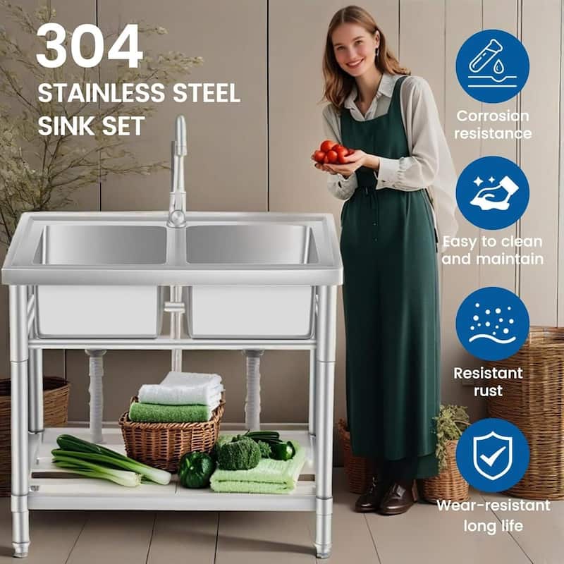 33"x18"x30" Freestanding Double Bowl Utility Sink with Faucet