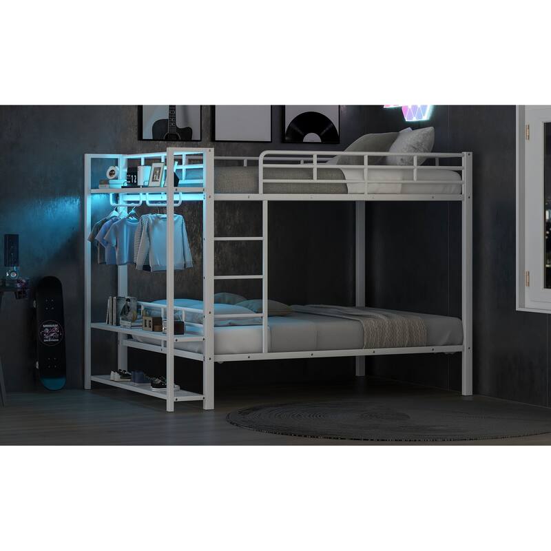 Full over Full Metal Bunk Bed with LED Light Strips, Storage Shelves Hooks