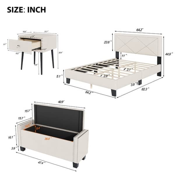 dimension image slide 0 of 2, 4-Pieces Bedroom Sets Queen Size Upholstered Bed Frame with Rivet Design,Nightstands and Ottoman