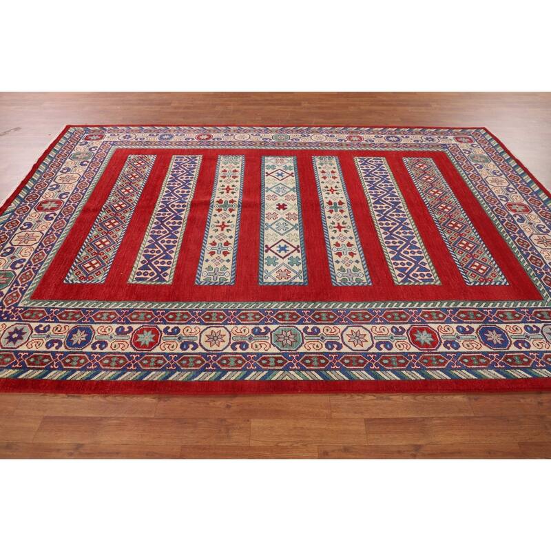 Red Geometric Kazak Oriental Area Rug Handmade Wool Carpet - 6'6" x 9'7"
