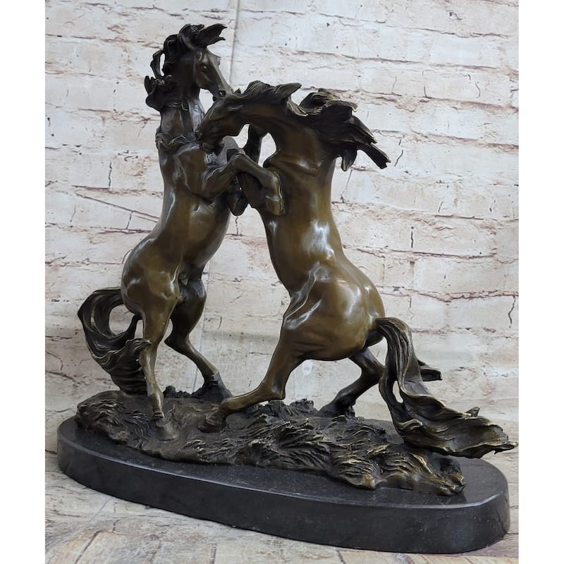 Dueling Stallion Horses Rearing Horse Bronze Statue Sculpture Decor Marble Base Original
