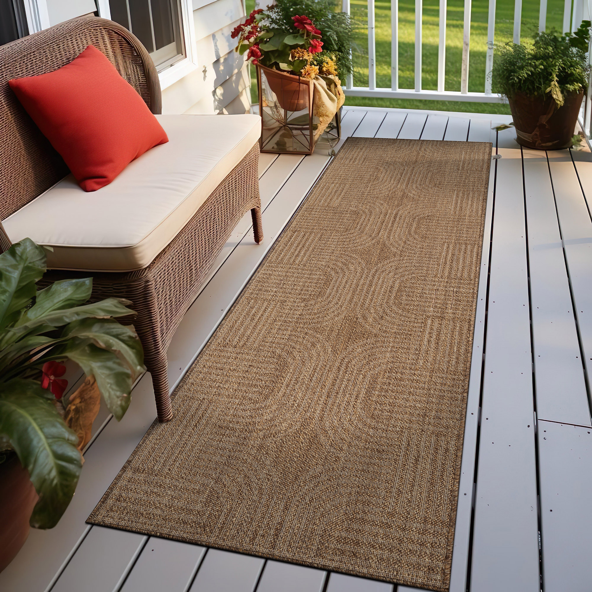 World Rug Gallery Geometric Indoor/Outdoor Flat Woven Area Rug - Natural Jute-Style, Easy-Care Patio Rug for Balcony Patio Deck - Sand - 2' 3" x 6'