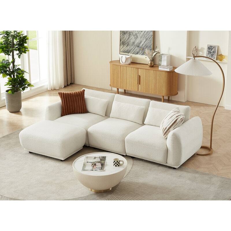 Comfy Lambswool Sectional Couch For Living Room, Boucle Convertible Modular Sofa - White-3 Seats & 1 Ottoman