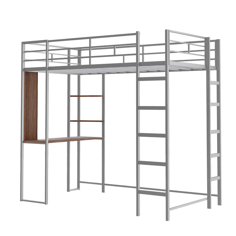 Twin Metal Loft Bed with 2 Shelves and one Desk staircase