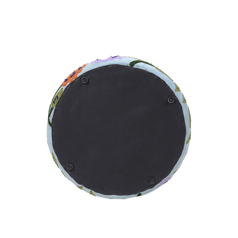 Handmade Floral Embroidered Round Pouf Ottoman - 18" - Blue and Orange