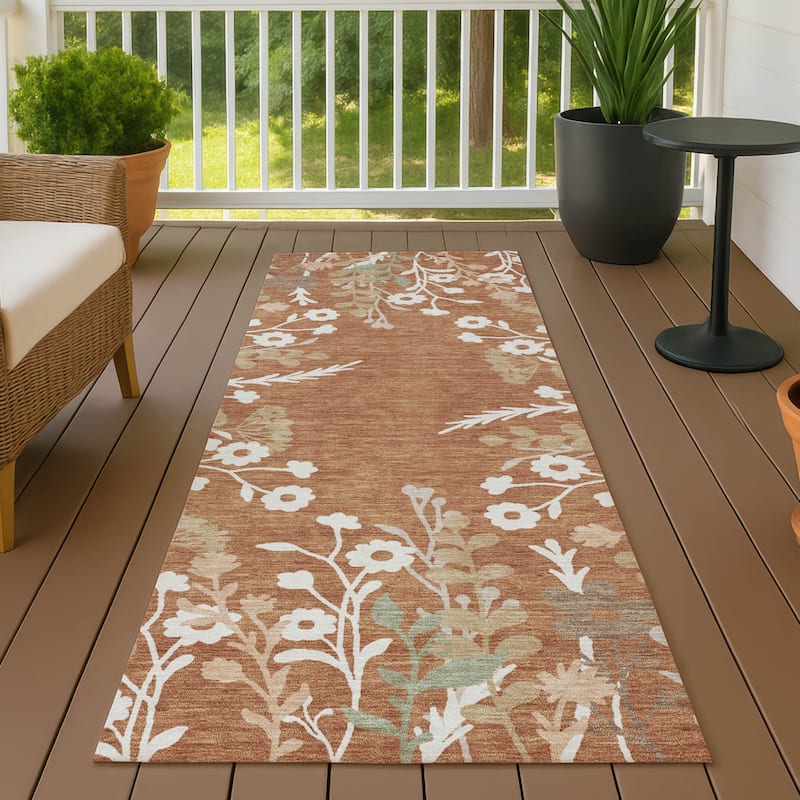 Machine Washable Indoor/ Outdoor Floral Border Chantille Rug - Paprika - 2'3" x 7'6"