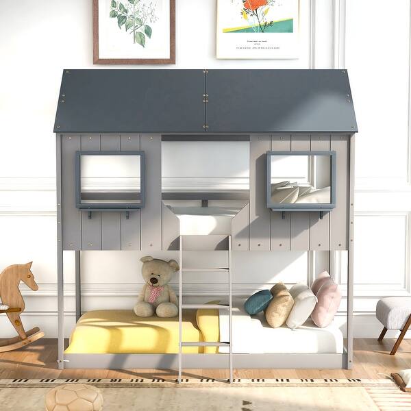 slide 2 of 9, Gray Twin Bunk Bed with Roof and Window Gray