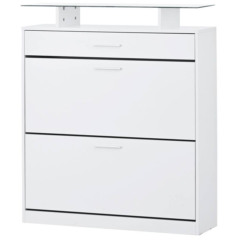 Contemporary Shoe Rack Storage Cabinet with Adjustable Shelves, Tempered Glass Top and LED Lighting, for Hallway Organize